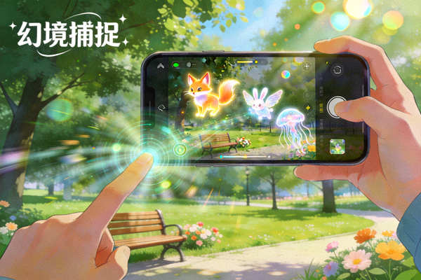 AR游戏《幻境捕捉》中玩家在公园里寻找和收集虚拟奇幻生物