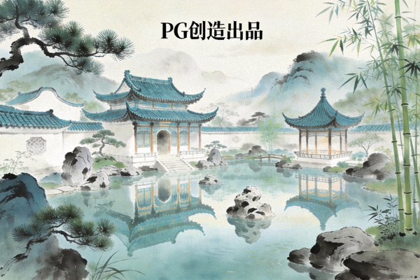 PG创造出品的一款以中国古典园林为主题的文化融合游戏画面，展示亭台楼阁与山水意境