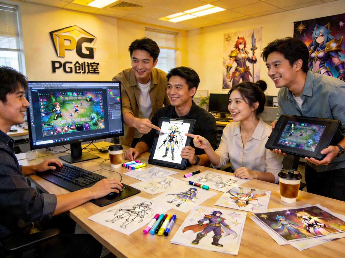 PG创造工作室内部，团队正在快乐地协作开发游戏
