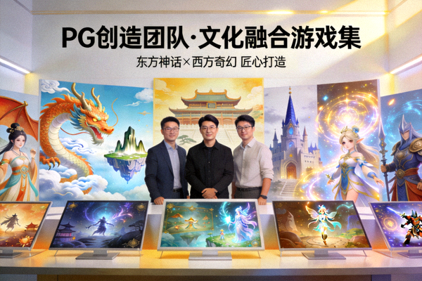 PG创造团队展示多款融合不同文化元素的精品游戏画面，如东方神话与西方奇幻的结合
