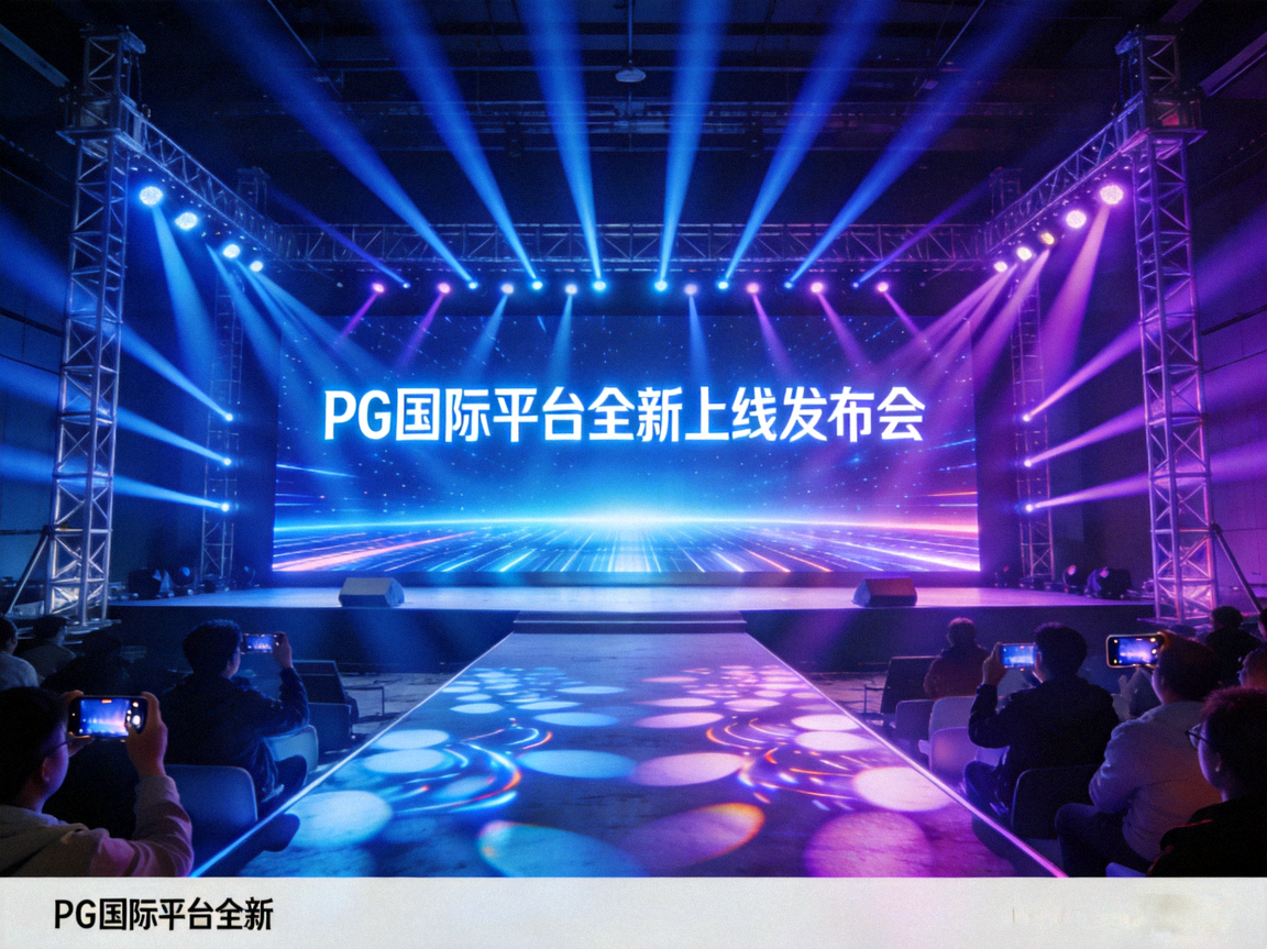 PG游戏平台全新上线发布会现场，充满科技感的舞台与灯光