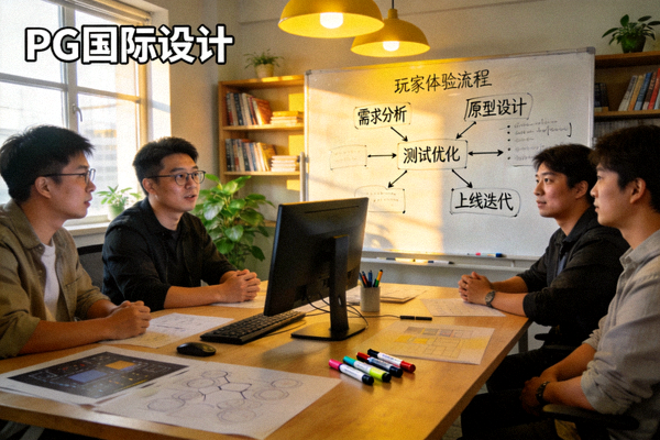 PG国际设计团队在工作室讨论游戏设计哲学，白板上画着玩家体验流程图