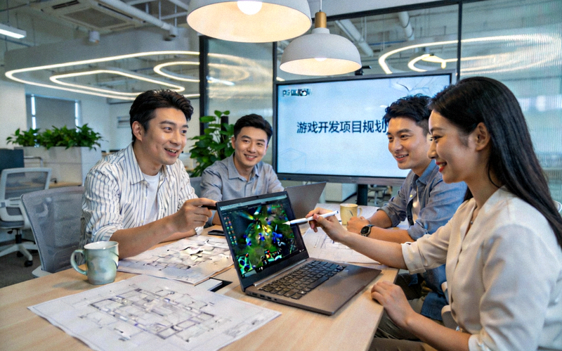 PG国际团队在现代化办公室中协作讨论游戏开发项目的场景