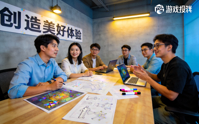 PG团队在创意工作室中讨论游戏设计，墙上贴着‘创造美好体验’的标语
