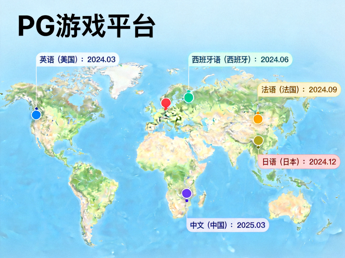 PG游戏平台全球地图，显示多语言版本发布计划