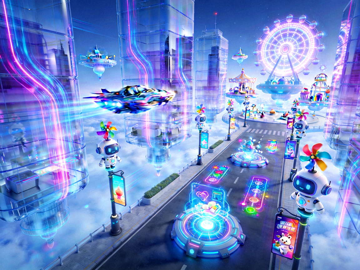 PG游戏世界中的未来科技城市场景，充满创意与乐趣