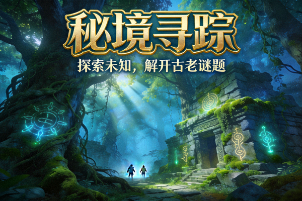 奇幻冒险游戏《秘境寻踪》宣传图，展示神秘森林与古代遗迹场景