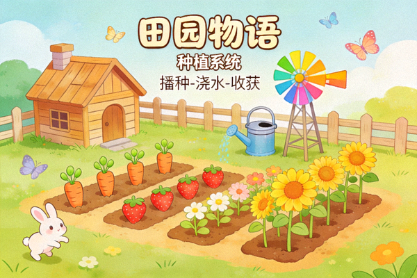 轻松休闲游戏《田园物语》画面，展示可爱的卡通农场与种植系统