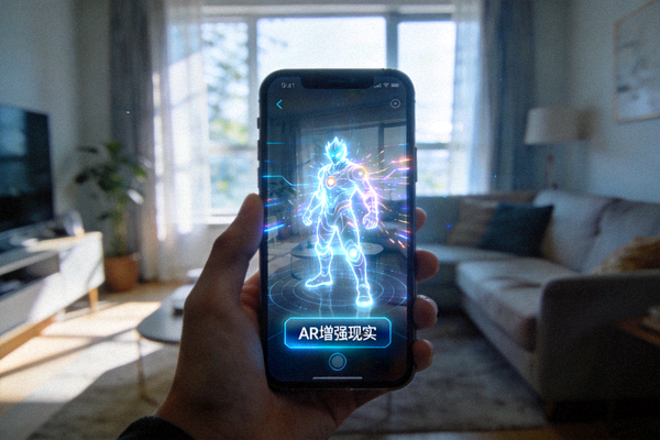 通过手机屏幕看到AR技术将游戏角色叠加在现实客厅中的增强现实画面
