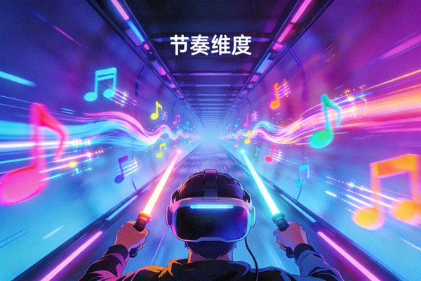 VR音乐游戏《节奏维度》中玩家在炫光隧道中跟随音乐节奏击打音符