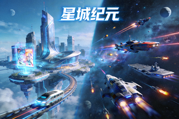未来都市策略游戏《星城纪元》截图，展示高科技城市与舰队对战画面
