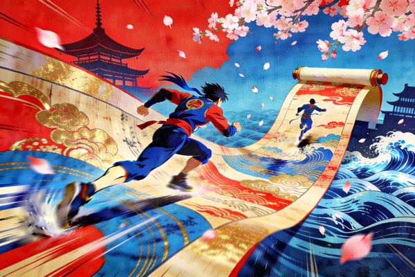 一款融合日本浮世绘艺术风格的跑酷游戏画面，角色在画卷中穿梭