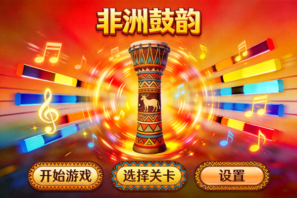 一款以非洲部落图腾和音乐为灵感的节奏游戏界面，色彩鲜艳充满活力