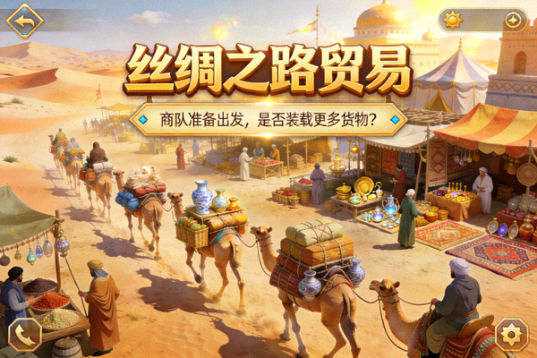 一款展示丝绸之路贸易的模拟经营游戏画面，商队与西域集市